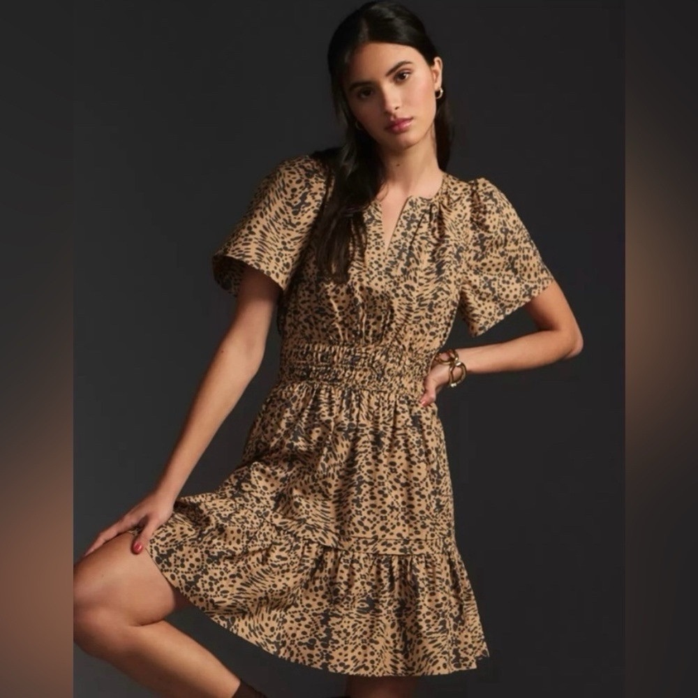Leopard Print Smocked Waist Short Sleeve Dress - Brown